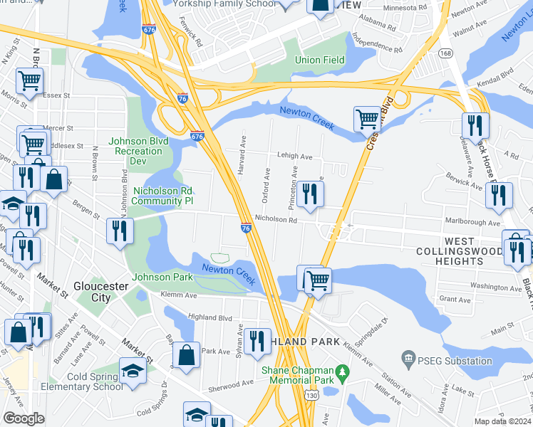 map of restaurants, bars, coffee shops, grocery stores, and more near 229 Nicholson Road in Gloucester City