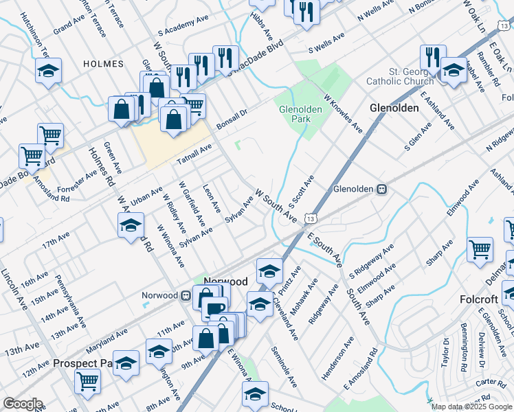 map of restaurants, bars, coffee shops, grocery stores, and more near 107 Glen nor Avenue in Glenolden