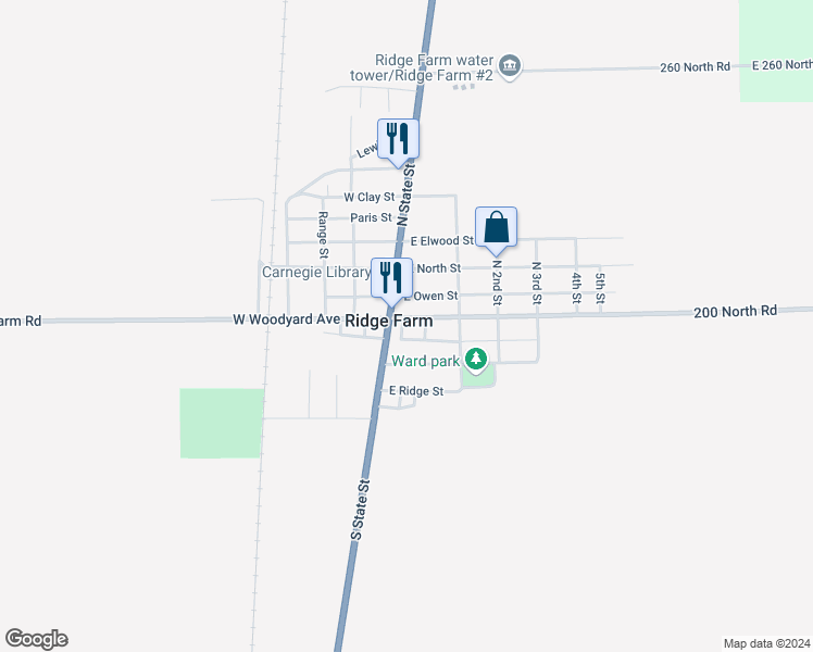 map of restaurants, bars, coffee shops, grocery stores, and more near 8 East West in Ridge Farm