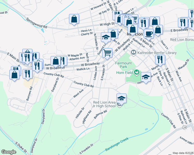 map of restaurants, bars, coffee shops, grocery stores, and more near 132 Linden Avenue in Red Lion