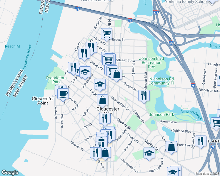map of restaurants, bars, coffee shops, grocery stores, and more near 22 South Broadway in Gloucester City