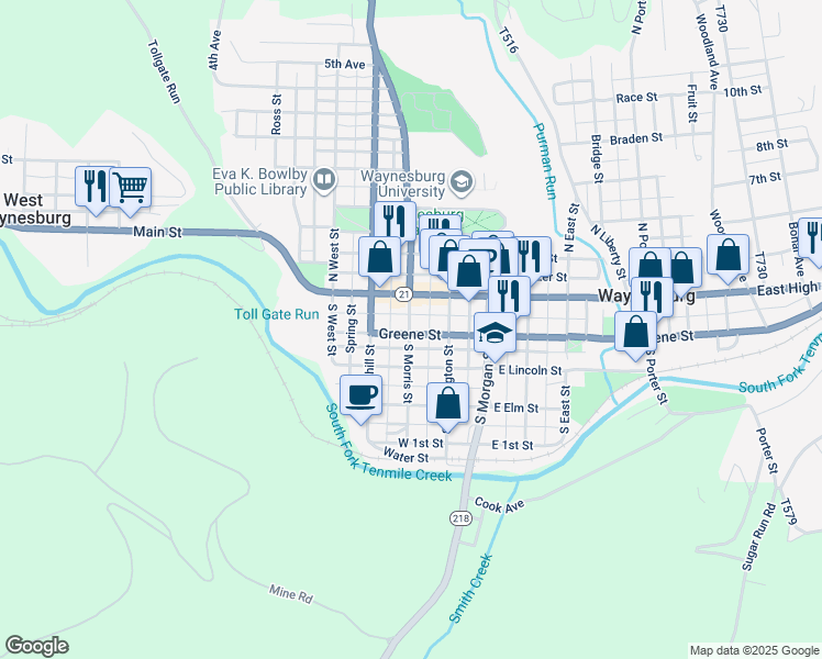 map of restaurants, bars, coffee shops, grocery stores, and more near 96 South Morris Street in Waynesburg