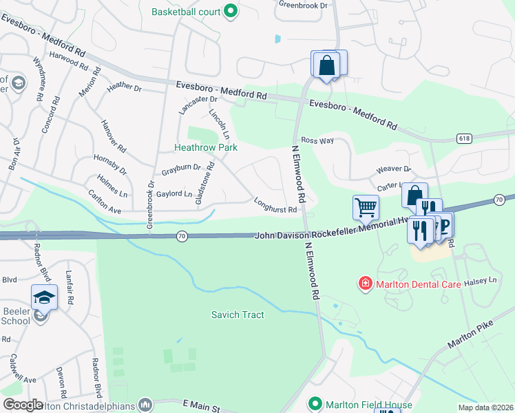 map of restaurants, bars, coffee shops, grocery stores, and more near 48 Longhurst Road in Evesham