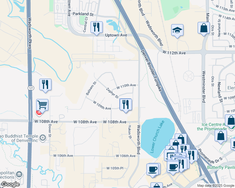 map of restaurants, bars, coffee shops, grocery stores, and more near 10942 Zephyr Street in Westminster