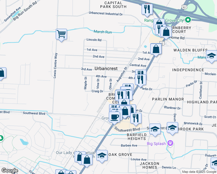 map of restaurants, bars, coffee shops, grocery stores, and more near 2865 Olive Street in Grove City