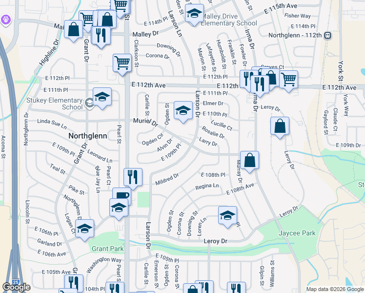 map of restaurants, bars, coffee shops, grocery stores, and more near 10978 East 109th Place in Northglenn