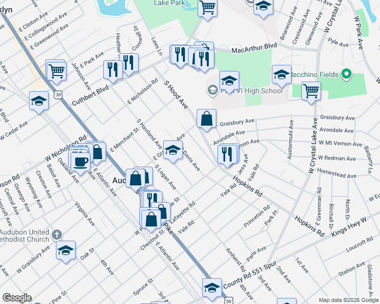 map of restaurants, bars, coffee shops, grocery stores, and more near 229 S Davis Ave in Audubon