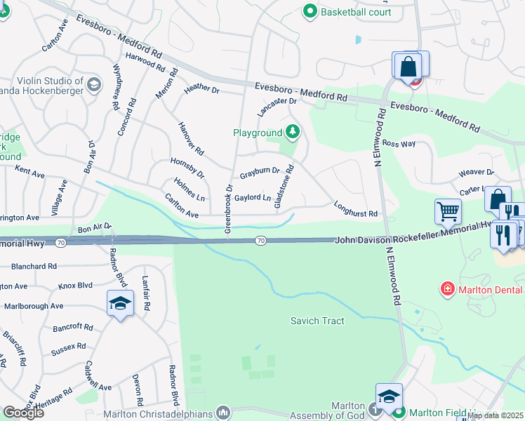map of restaurants, bars, coffee shops, grocery stores, and more near 34 Carlton Avenue in Evesham