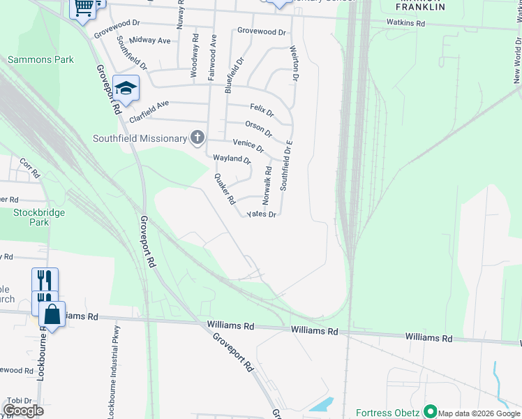 map of restaurants, bars, coffee shops, grocery stores, and more near 3419 Norwalk Road in Columbus