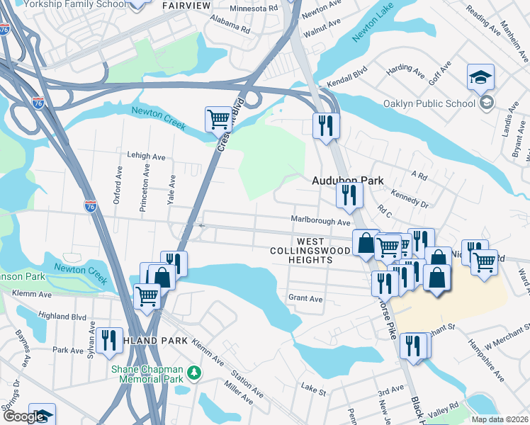 map of restaurants, bars, coffee shops, grocery stores, and more near 236 Marlborough Avenue in Mount Ephraim