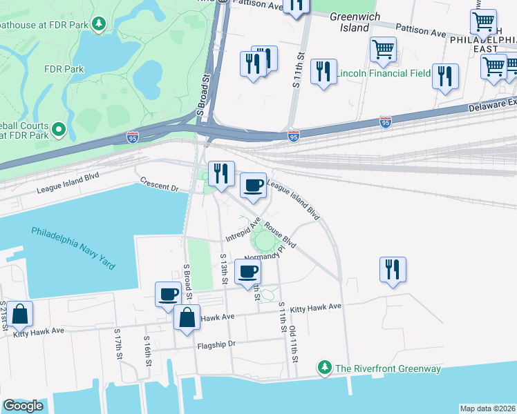 map of restaurants, bars, coffee shops, grocery stores, and more near 1001 Intrepid Avenue in Philadelphia