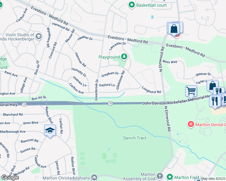 map of restaurants, bars, coffee shops, grocery stores, and more near 32 Carlton Avenue in Evesham
