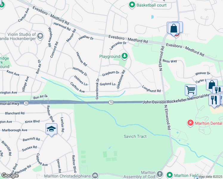 map of restaurants, bars, coffee shops, grocery stores, and more near 34 Carlton Avenue in Evesham