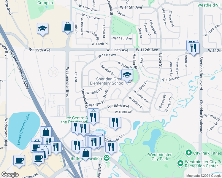 map of restaurants, bars, coffee shops, grocery stores, and more near 10952 Jay Street in Broomfield