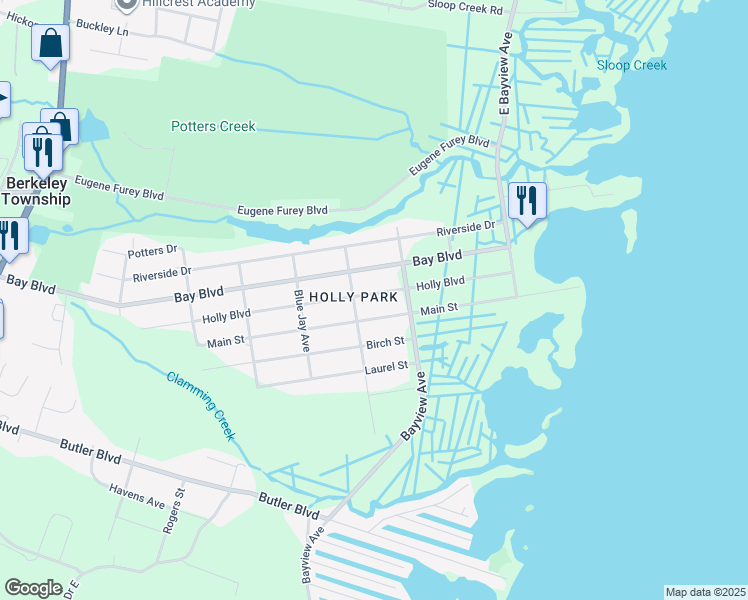 map of restaurants, bars, coffee shops, grocery stores, and more near 608 Holly Boulevard in Ocean County