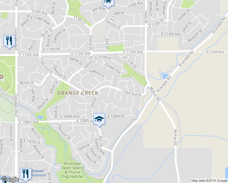map of restaurants, bars, coffee shops, grocery stores, and more near 10983 Forest Way in Thornton