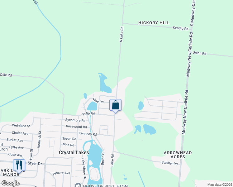 map of restaurants, bars, coffee shops, grocery stores, and more near 1701 N Lake Rd in Clark