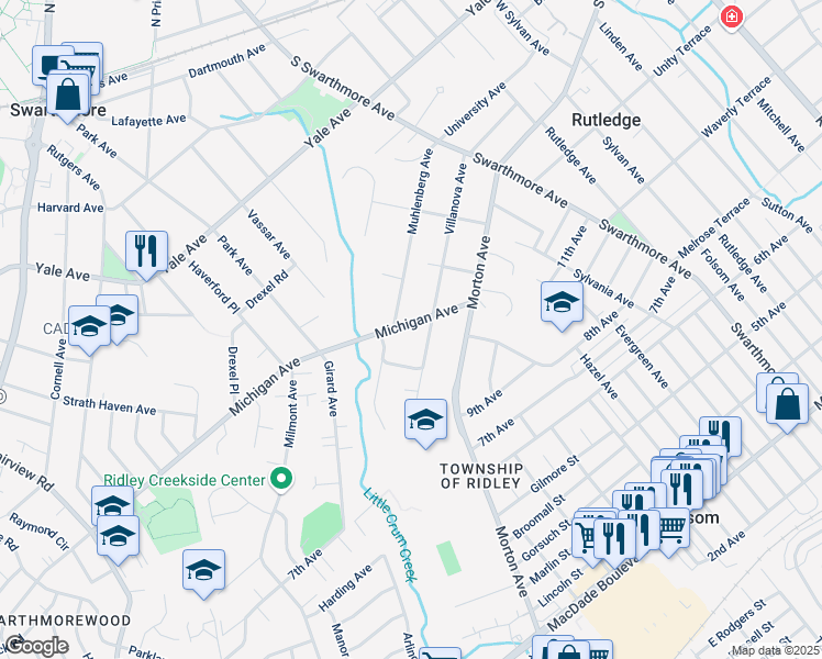 map of restaurants, bars, coffee shops, grocery stores, and more near 208 Michigan Avenue in Swarthmore