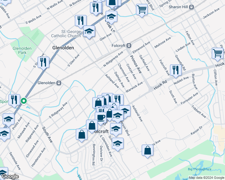 map of restaurants, bars, coffee shops, grocery stores, and more near 1816 Cricket Lane in Folcroft