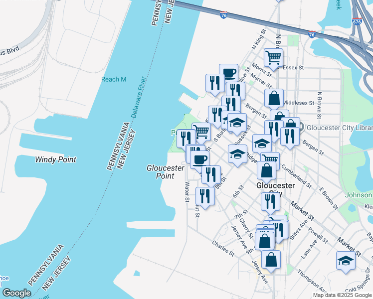 map of restaurants, bars, coffee shops, grocery stores, and more near 1 Water Street in Gloucester City