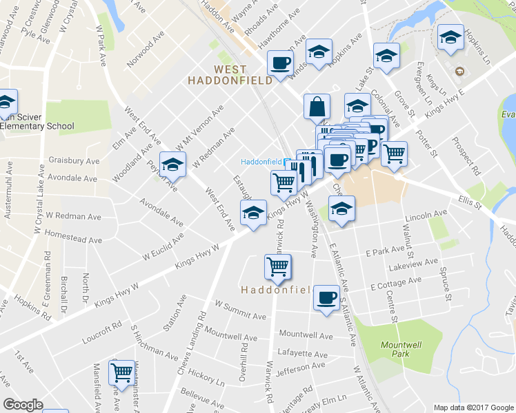 map of restaurants, bars, coffee shops, grocery stores, and more near 23 Estaugh Avenue in Haddonfield