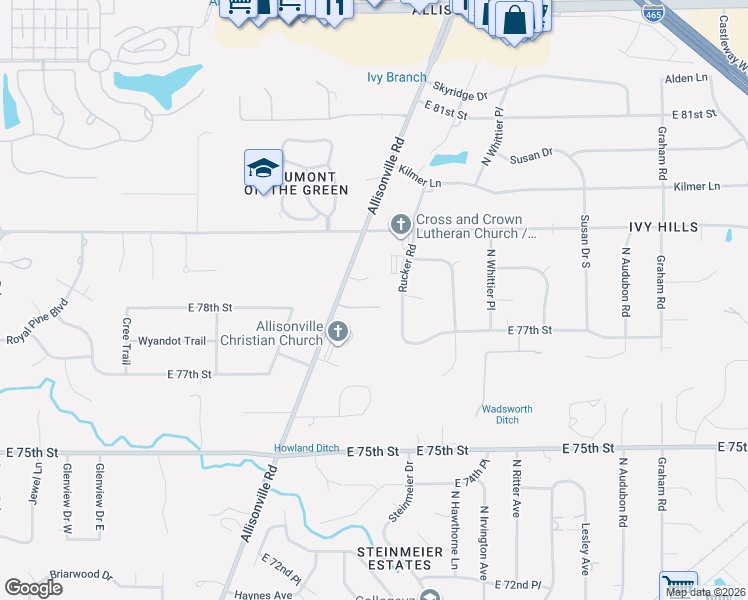 map of restaurants, bars, coffee shops, grocery stores, and more near 5202 Logan Lane in Indianapolis