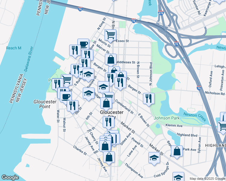 map of restaurants, bars, coffee shops, grocery stores, and more near 30 South Broadway in Gloucester City