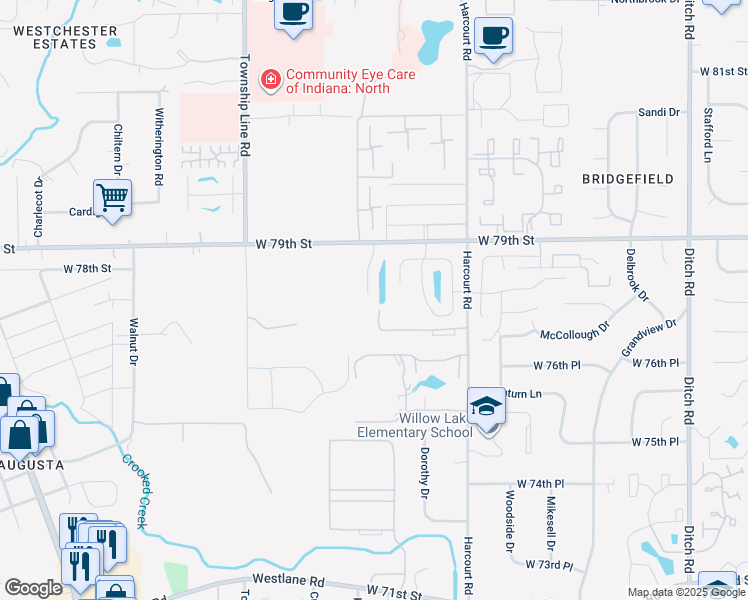 map of restaurants, bars, coffee shops, grocery stores, and more near 7805 Marquis Lane in Indianapolis