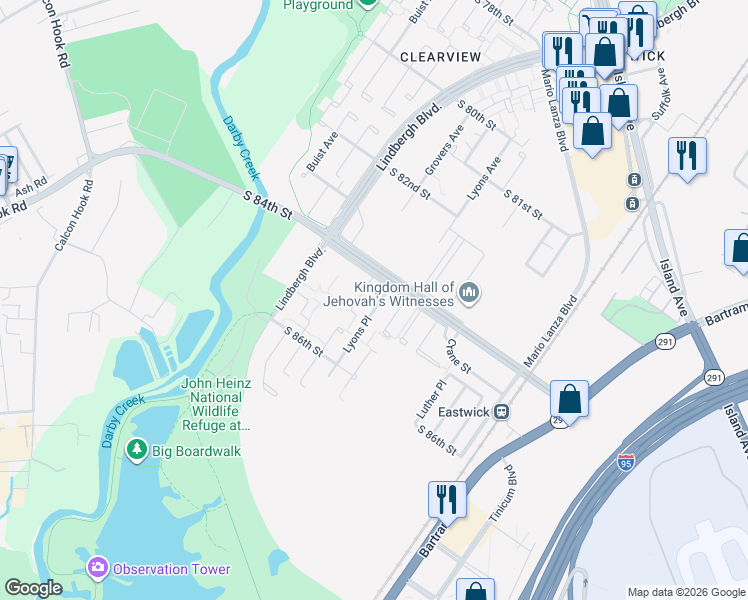 map of restaurants, bars, coffee shops, grocery stores, and more near 8415 Lyons Pl in Philadelphia