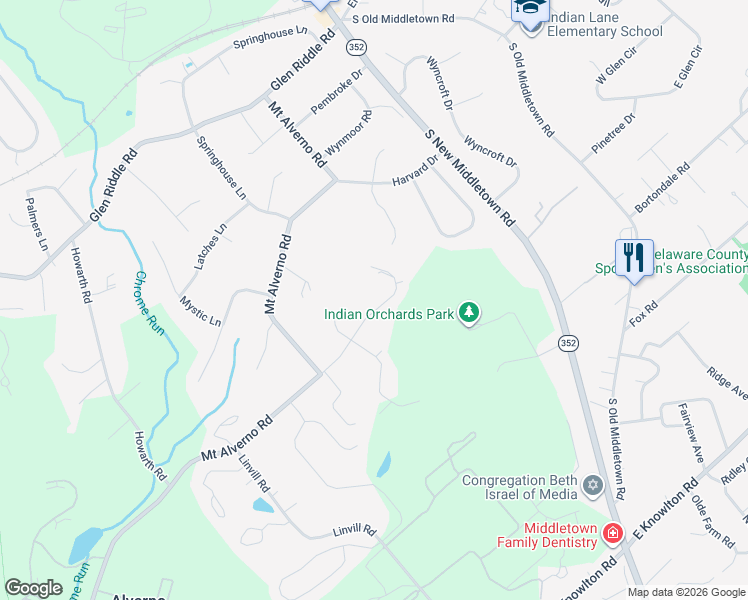 map of restaurants, bars, coffee shops, grocery stores, and more near 155 Hidden Hills Road in Media