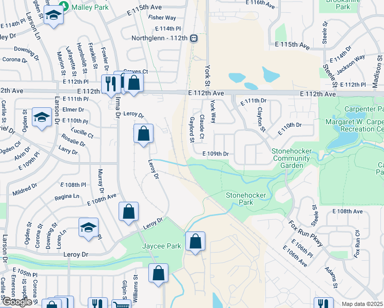 map of restaurants, bars, coffee shops, grocery stores, and more near 2257 East 109th Drive in Northglenn