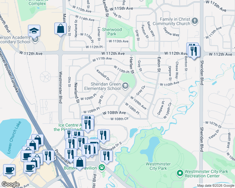 map of restaurants, bars, coffee shops, grocery stores, and more near 10890 Ingalls Circle in Broomfield