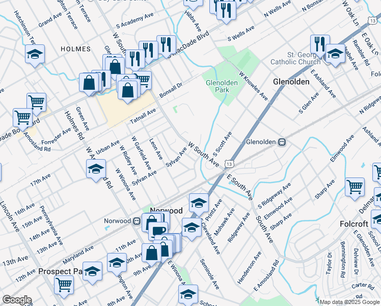 map of restaurants, bars, coffee shops, grocery stores, and more near 107 Glen nor Avenue in Glenolden