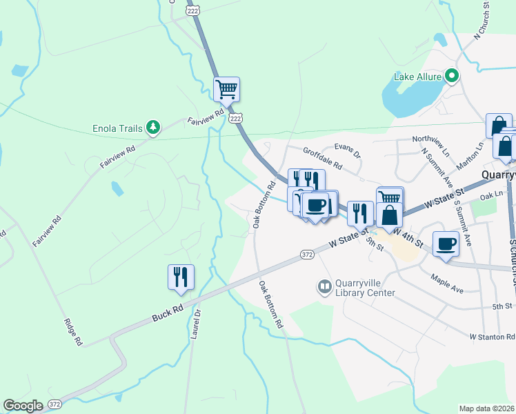 map of restaurants, bars, coffee shops, grocery stores, and more near 136 Oak Bottom Road in Quarryville