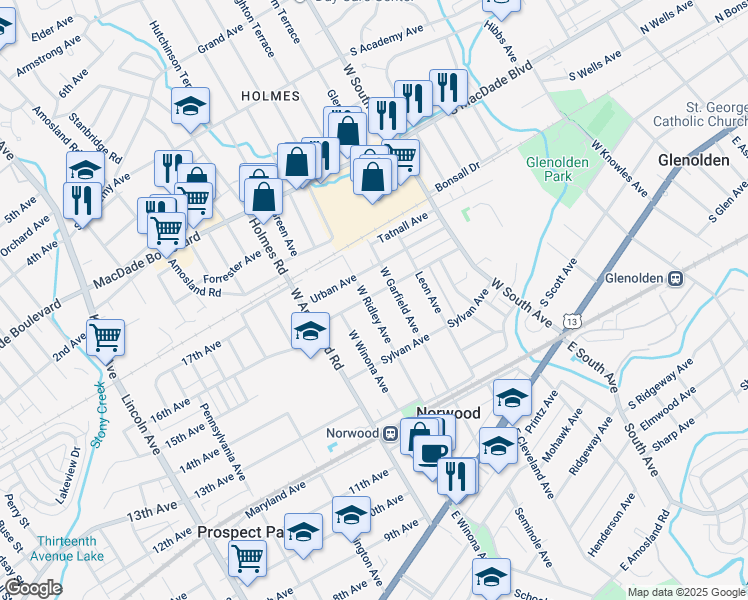 map of restaurants, bars, coffee shops, grocery stores, and more near 245 West Ridley Avenue in Norwood