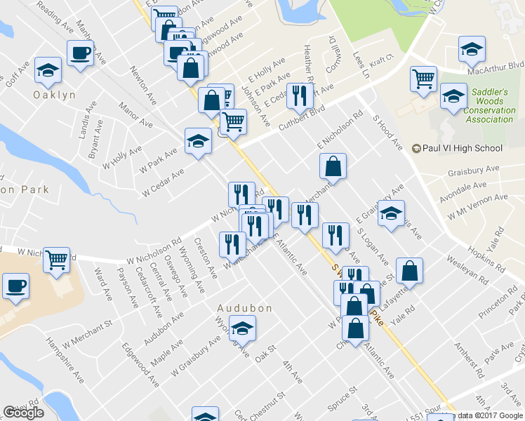 map of restaurants, bars, coffee shops, grocery stores, and more near 27 East Atlantic Avenue in Audubon