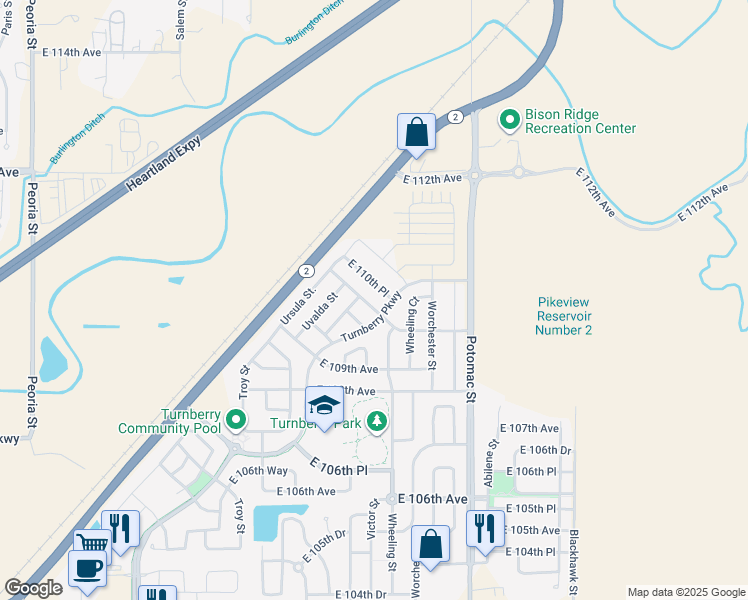 map of restaurants, bars, coffee shops, grocery stores, and more near 13249 East 110th Avenue in Commerce City