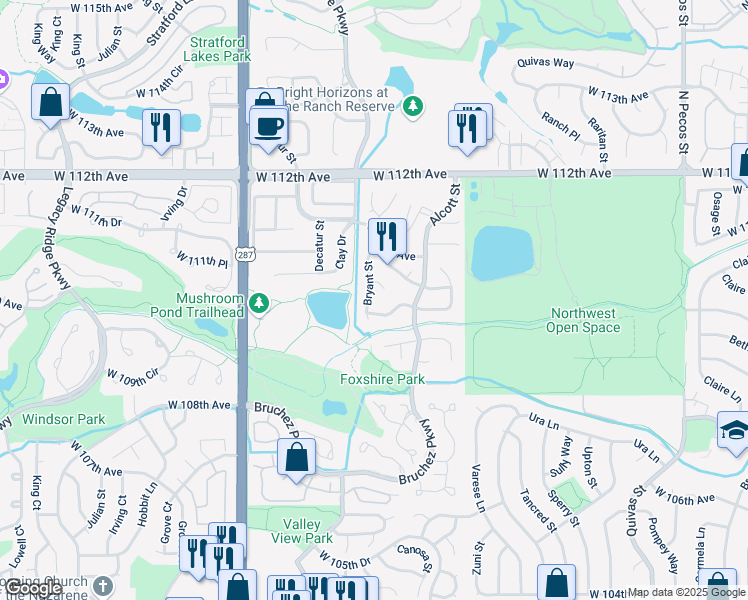 map of restaurants, bars, coffee shops, grocery stores, and more near 10920 North Bryant Street in Westminster