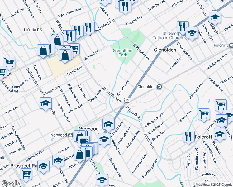 map of restaurants, bars, coffee shops, grocery stores, and more near 422 South Scott Avenue in Glenolden