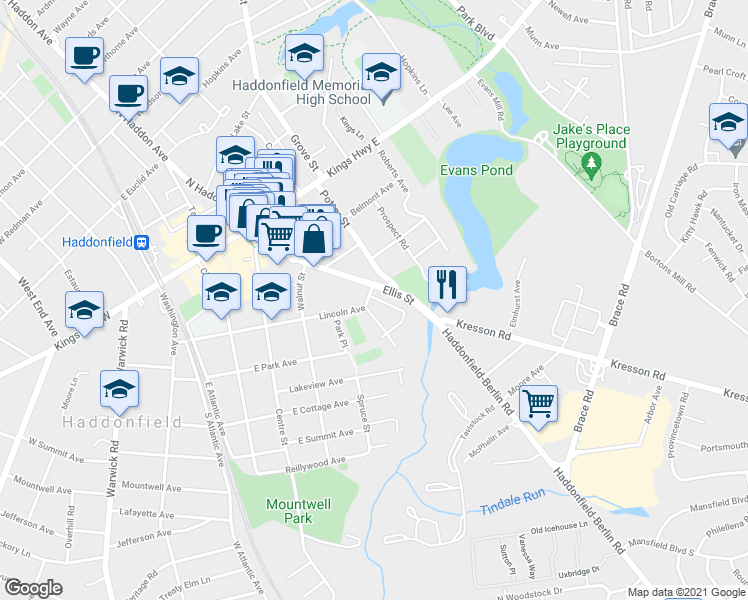 map of restaurants, bars, coffee shops, grocery stores, and more near 360 Lincoln Avenue in Haddonfield