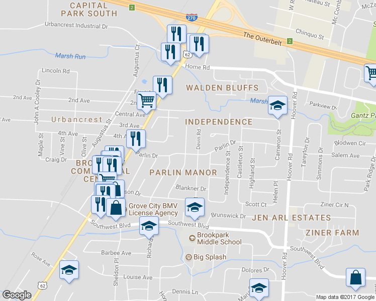map of restaurants, bars, coffee shops, grocery stores, and more near 2826 Parlin Drive in Grove City