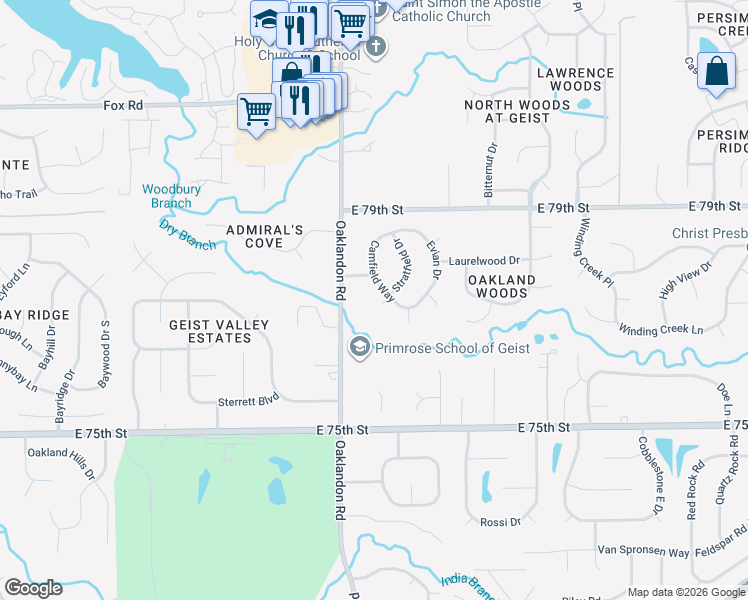 map of restaurants, bars, coffee shops, grocery stores, and more near 7716 Stratfield Drive in Indianapolis