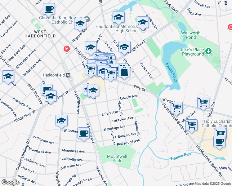 map of restaurants, bars, coffee shops, grocery stores, and more near 36 Walnut Street in Haddonfield