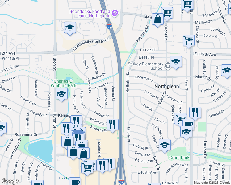 map of restaurants, bars, coffee shops, grocery stores, and more near 10940 Acoma Street in Northglenn