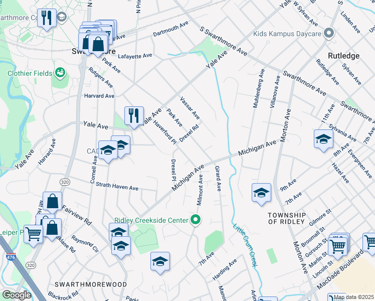 map of restaurants, bars, coffee shops, grocery stores, and more near 407 Haverford Place in Swarthmore