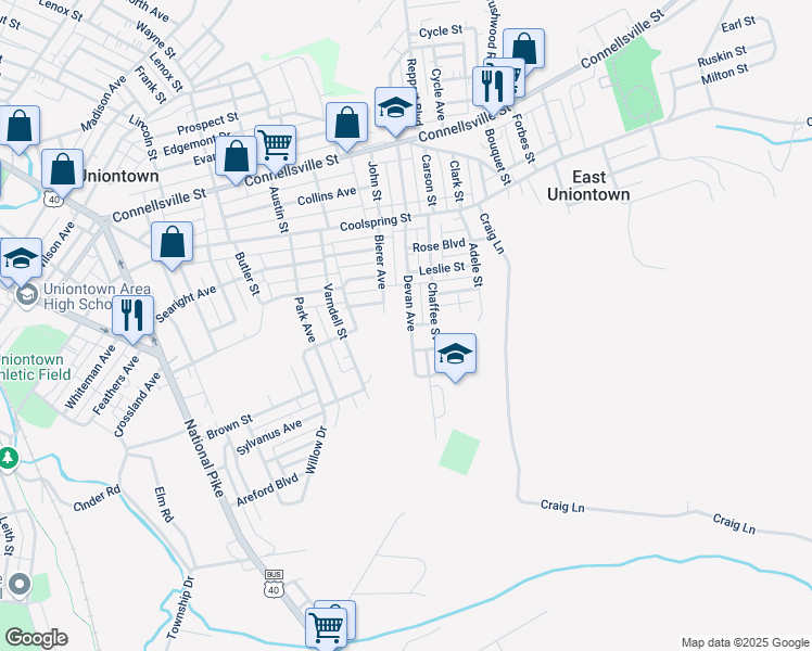 map of restaurants, bars, coffee shops, grocery stores, and more near 92 Devan Avenue in Uniontown