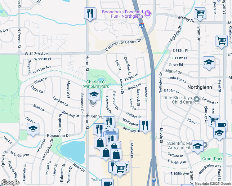 map of restaurants, bars, coffee shops, grocery stores, and more near 10958 Patterson Court in Northglenn