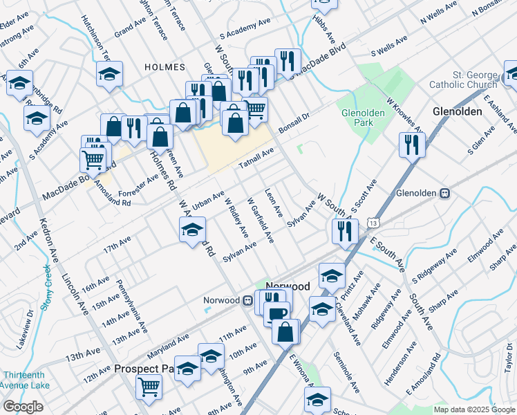 map of restaurants, bars, coffee shops, grocery stores, and more near 233 West Garfield Avenue in Norwood