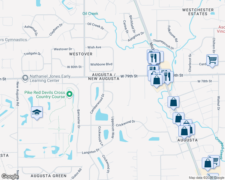 map of restaurants, bars, coffee shops, grocery stores, and more near 7823 Oakshot Lane in Indianapolis