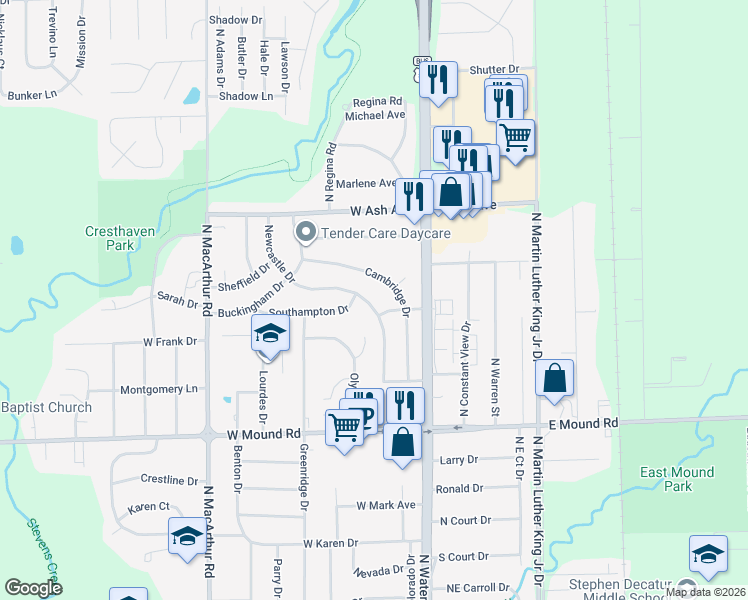 map of restaurants, bars, coffee shops, grocery stores, and more near 4016 Newcastle Drive in Decatur